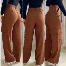 Calça Feminina Pantalona Cargo Pantalona em Alfaiataria Elegante Wide Leg Cintura Alta Básica