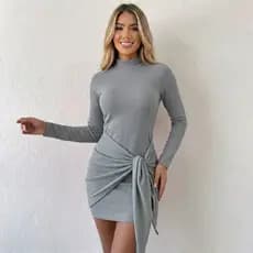 Vestido Feminino Curto Anarruga Amarração Cacharrel Gola Alta Manga Comprida Tubinho Justo Inverno