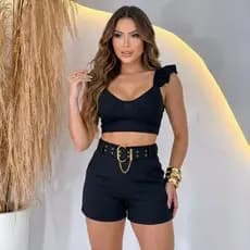 Conjunto Feminino 2 Peças Cropped e Short Ponto Roma Com Cinto Elegante Estiloso