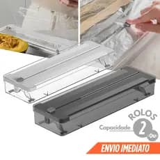 Organizador de Rolos Duplo e Cortador de Plástico Filme e Papel Alumínio Manteiga Ou