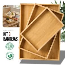 Kit 3 Bandejas De Bambu Retangular Para Cozinha Servir Café da Manhã Decorar Conjunto Moderna e Elegante