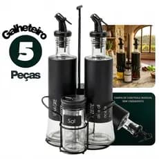 Kit 5 Peças Galheteiro Vidro GRANDE 300ml + Porta Condimentos 85ml c/ Suporte e Dosador