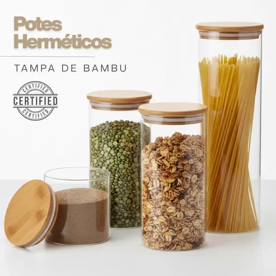 Porta Mantimento De Vidro Herméticos Kit Com 4 Potes Tampa De Bambu