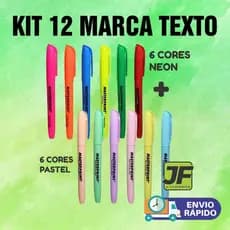 Kit Marca texto com 12 Unidades Cores Marca texto Neon e Marca texto Pastel