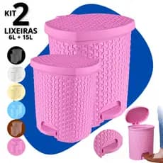 Kit 2 Lixeira Cesto de Lixo 6 + 15 Litros Com Pedal Rattan Banheiro Escritório Cozinha Quarto