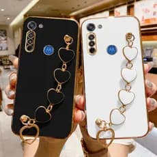 Motorola Moto G8 G8 G8 Power G8 Play Capa protetora para telefone celular Moda Alça em forma de coração Marca Nova Capa para telefone com câmera de borda reta banhada a ouro