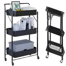 Carrinho Auxiliar De Metal Preto Com 3 Prateleiras Dobravel Organizador Multiuso Para Quarto Cozinha