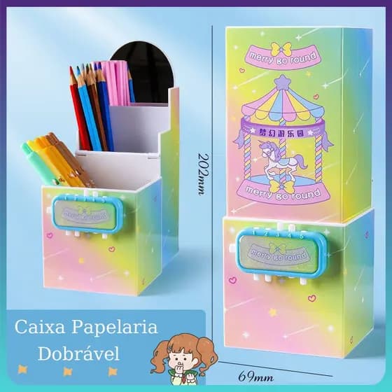Caixa De Papelaria Multifuncional Caixa Lápis Portátil Dobrável Com Espelho