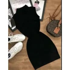 Vestido feminino curto CANELADO GOLA alta Manga cavada