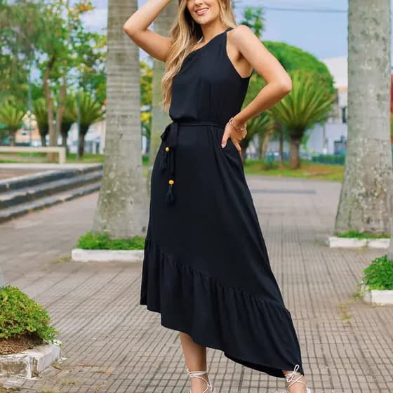 VESTIDO LONGO UM OMBRO SÓ DELICADO DETALHE CINTO VERÃO
