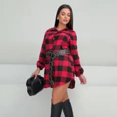 Chemise Xadrez Flanelada Feminina,Camisão Quadriculada com elástico na Manga