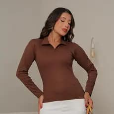 Camisa Feminina Ribana Gola Polo Manga Comprida Confortável Linha Premium