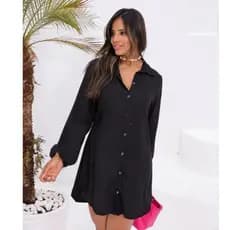 Chemise Feminino Camisão Vestido Viscolinho Curto com Botões Manga Longa Elegante Saida de Praia