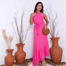 Vestido Midi Viscose Twill Um Ombro só com Cinto Leve Confortável linha Premium