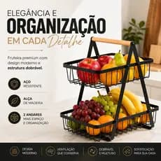 Fruteira Organizador 2 Andares Preto Metal Aramado Multiuso Cozinha Mesa Alça Madeira 37x17,8cm