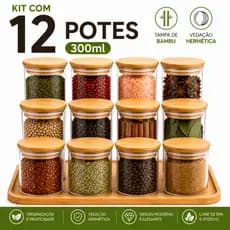 Kit 12 Potes de Vidro 300ml com Tampa de Bambu Hermético Mantimentos Condimentos Empilhaveis