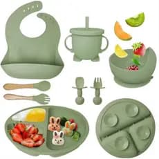 Kit 6 Peças Alimentação Bebê Silicone Premium – Prato + Tigela + Copo + Babador Cinza | Introdução Alimentar BLW Seguro