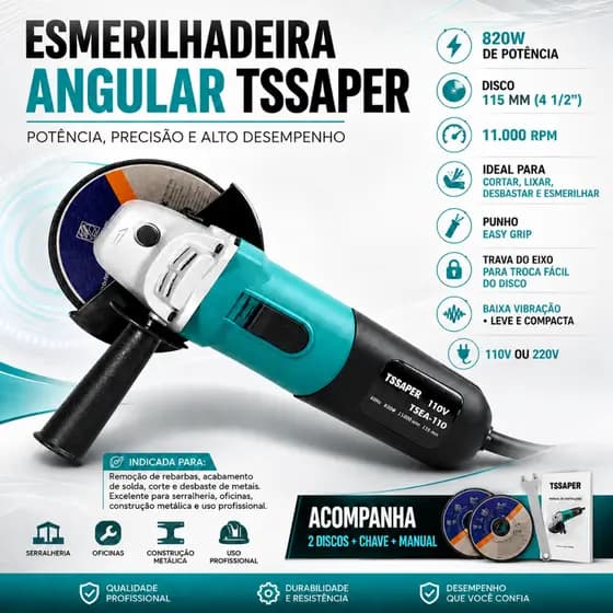 Esmerilhadeira e Lixadeira Angular Profissional 820W Com 2 Discos e Acessórios - TSSAPER