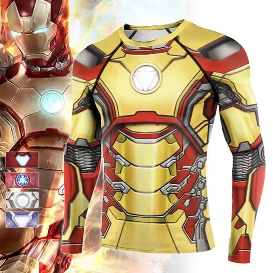Roupa de fitness do Homem de Ferro, camiseta esportiva masculina de manga longa com gola redonda, justa, de secagem rápi