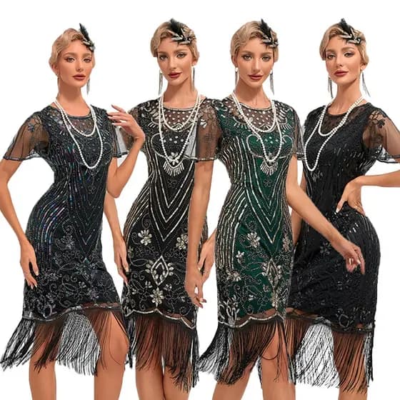 Nova Chegada: Vestido de Festa Vintage Anos 1920 com Lantejoulas e Franjas, Tamanho Plus, Vestido de Noite com Aplicaçõe