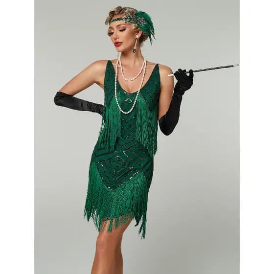 Vestido de Noite Estilo Gatsby Retrô com Alça, Lantejoulas e Franjas, Tamanho Grande, Estilo Europeu e Americano, Estilo