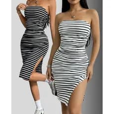 Vestido Listrado Canelado Com Fenda Midi Tomara que Caia Tubinho Anarruga Bicolor Modelador Elegante