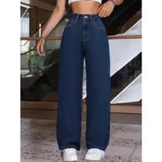 Calça Wide Leg Feminina Jeans Cintura Alta Lavagem Escura