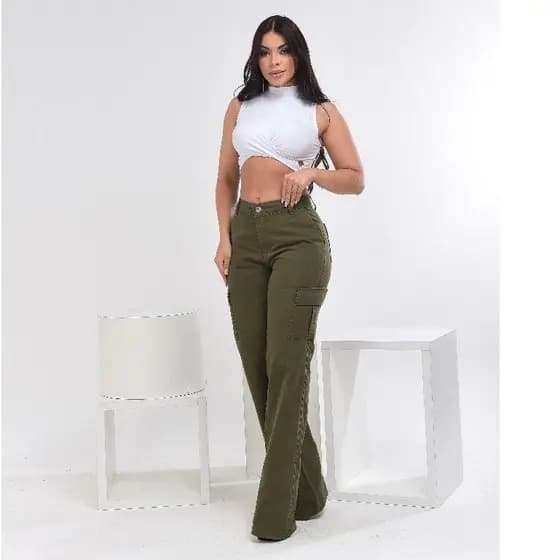 calça jeans feminina cargo verde militar premium estilosa