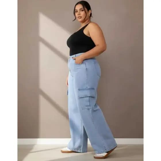 calça cargo plus size feminina cintura alta jeans confortável Moda casual