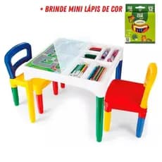 Mesa Mesinha Infantil Educativa Poliplac com duas cadeiras + Brinde Míni Lápis de Cor - Envio Imediato