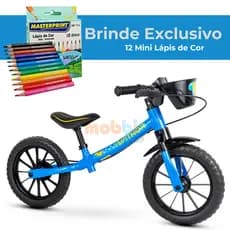 Bicicleta de Equilíbrio Nathor Aro 12 - Azul Dino + Brinde Mini Lápis de Cor