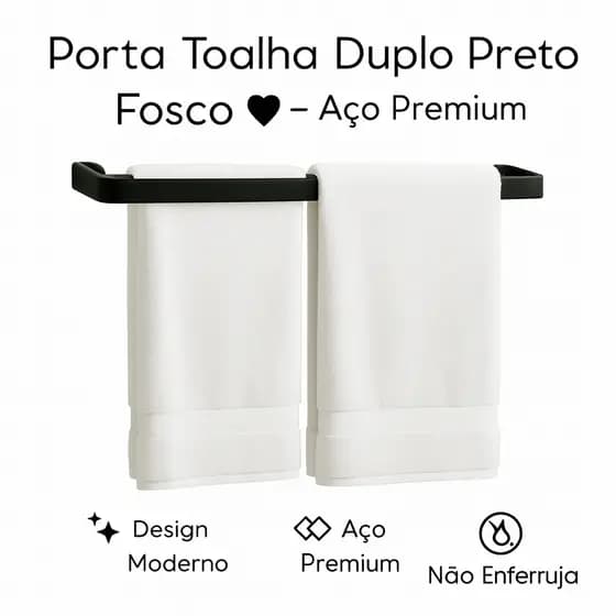 Porta Toalha De Banho Duplo em metal Resistente e Pintura Anti Risco Preto Industrial - Linha Classic MIAMIL