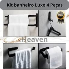 Kit 4 Peças Banheiro - Toalheiro Duplo Preto Fosco + Porta-Papel + Porta-Toalha + Cabideiro Moderno