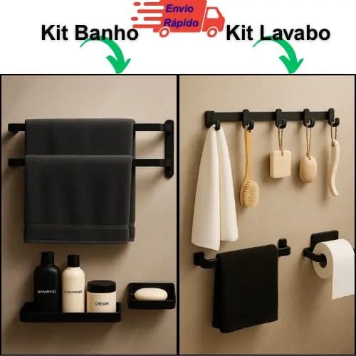 Kit Acessórios Banheiro Preto Fosco em Aço 1020 – Lavabo (3 pçs) ou Banho Completo (3 pçs)
