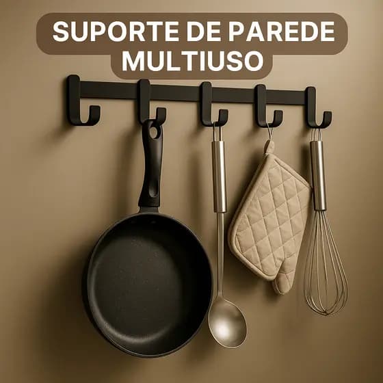 Suporte Gancho Parede | 5 Ganchos Preto Fosco 40 cm Aço Preto Fosco