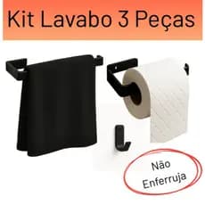 Kit Banheiro 3 Peças Preto Fosco – Porta Toalha, Porta Papel e Cabideiro de Parede