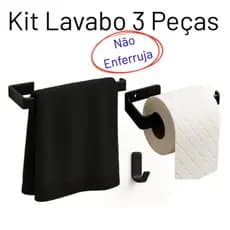 Kit Banheiro 3 Peças Preto Fosco – Porta Toalha, Porta Papel  e Cabideiro – Moderno e Elegante