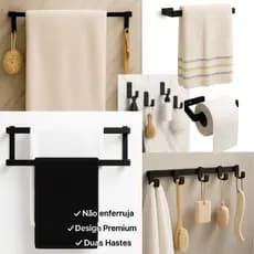 Kit Banheiro 10 Peças Preto Fosco – Porta Toalha Duplo, Rosto, Papel Higiênico e Ganchos