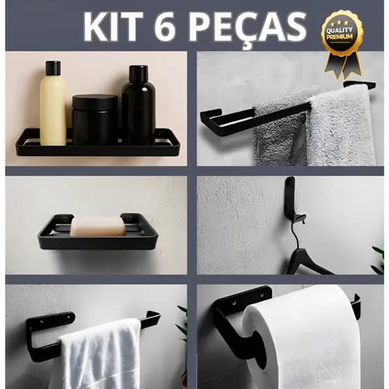 Kit Completo Acessórios Para Banheiro Preto Fosco 6 Peças Porta Shampoo,Toalheiro Duplo