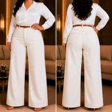 Calça Plus Size Wide Leg OffWhite com Cinto Cintura Alta Modeladora Pantalona de Shpping