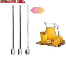 Kit 3 Colher Bailarina Para Suco Drinks Em Aço Inox 20cm 30cm - TOP