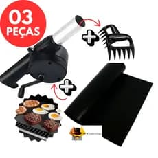 Kit 3 PEÇAS 1 Mantas Churrasco Teflon Grill Esteira Antiaderente 1 GARRA DE USO E 1 SOPRADOR JOGO