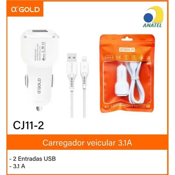 Kit Carregador Veicular USB TIPO-C/IOS A'Gold (CJ11-2/CJ11-3)