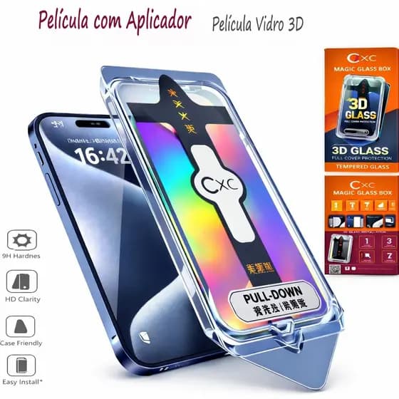 Película Vidro Temperado 3D Com Instalador Aplicador Remoção Automática Para Iphone 13 14 15 16 16E 17 Air Pro Plus Max