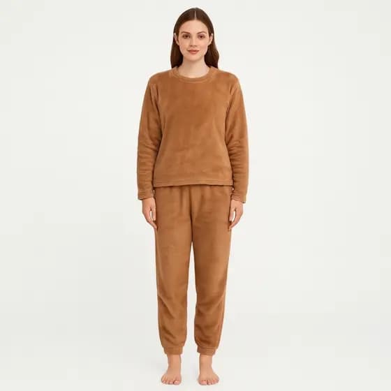 Pijama feminino manga longa quentinho fofinho pelúcia Marrom
