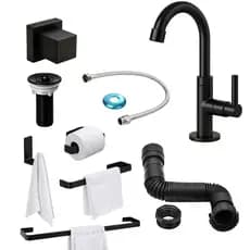 Kit Acessórios Banheiro Preto Fosco Completo com Torneira Luxo Moderna + Sifão + Válvula + Engate Flexível