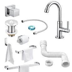 Kit Acessórios Banheiro Cromado Completo com Torneira Luxo Moderna + Sifão + Válvula + Engate Flexível