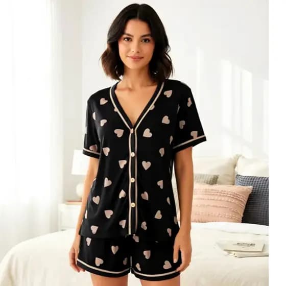 Pijama Curto Baby Doll Americano Blogueirinha Sem Gola Botão Feminimo Adulto Amamentação Cirurgia