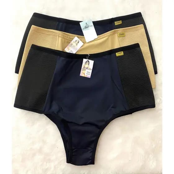 Kit 3 Calcinhas Elástico Reforçado de Compressão Grande e Confortável Fitness Cintura Alta Plus Size