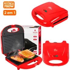 Sanduicheira Grill Kian 750W Preta ou Vermelha 110v 127v, Chapa Antiaderente, Luz Indicadora e com Trava